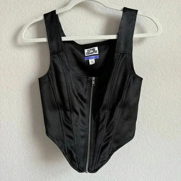 Future Collective Kahlana Barfield Brown Pointed Front Zip Black Bustier Size 0 - Picture 1 of 9